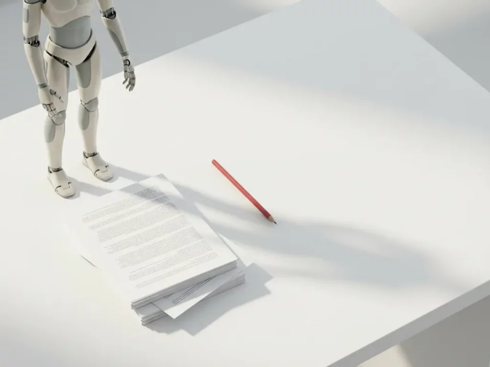 Humanoïde robot met uitgestrekte hand boven scheef geplaatst document op wit bureau, rode potlood als accent.