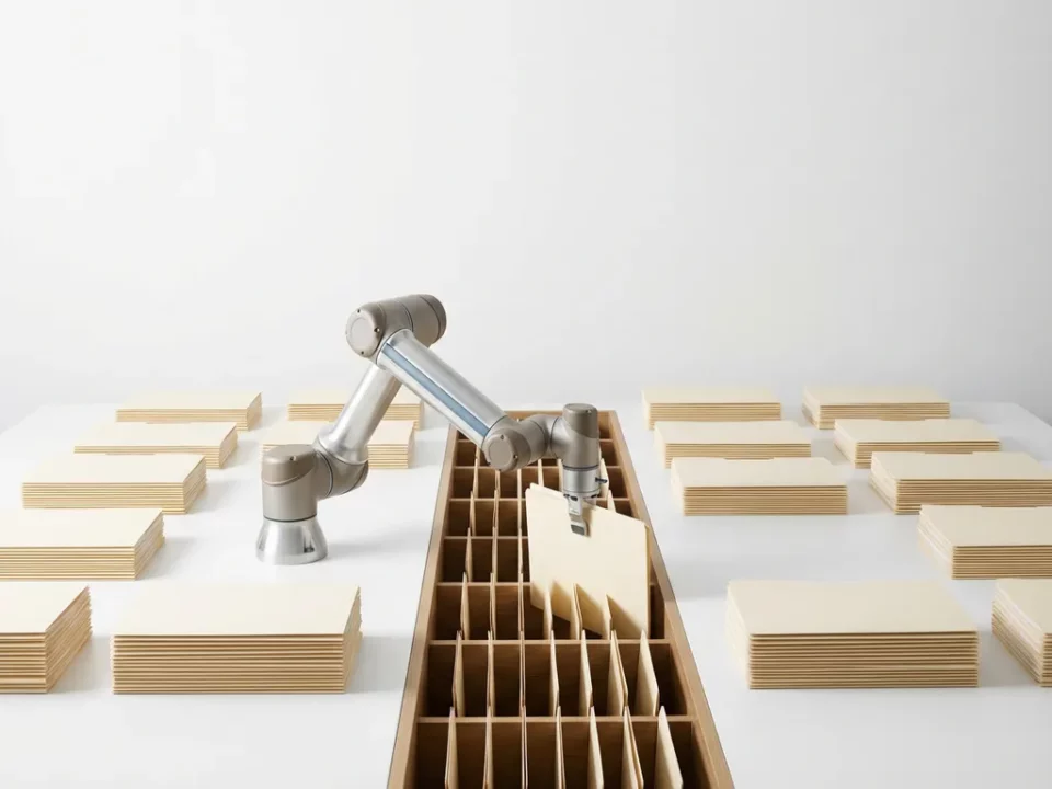 Robotarm plaatst nauwkeurig een document in een geordend archiefsysteem op een minimalistisch wit bureau.