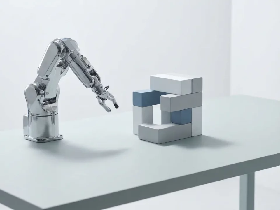 Robotarm en modulaire bouwblokken op minimalistisch bureau met koele tinten en zacht studiolicht.