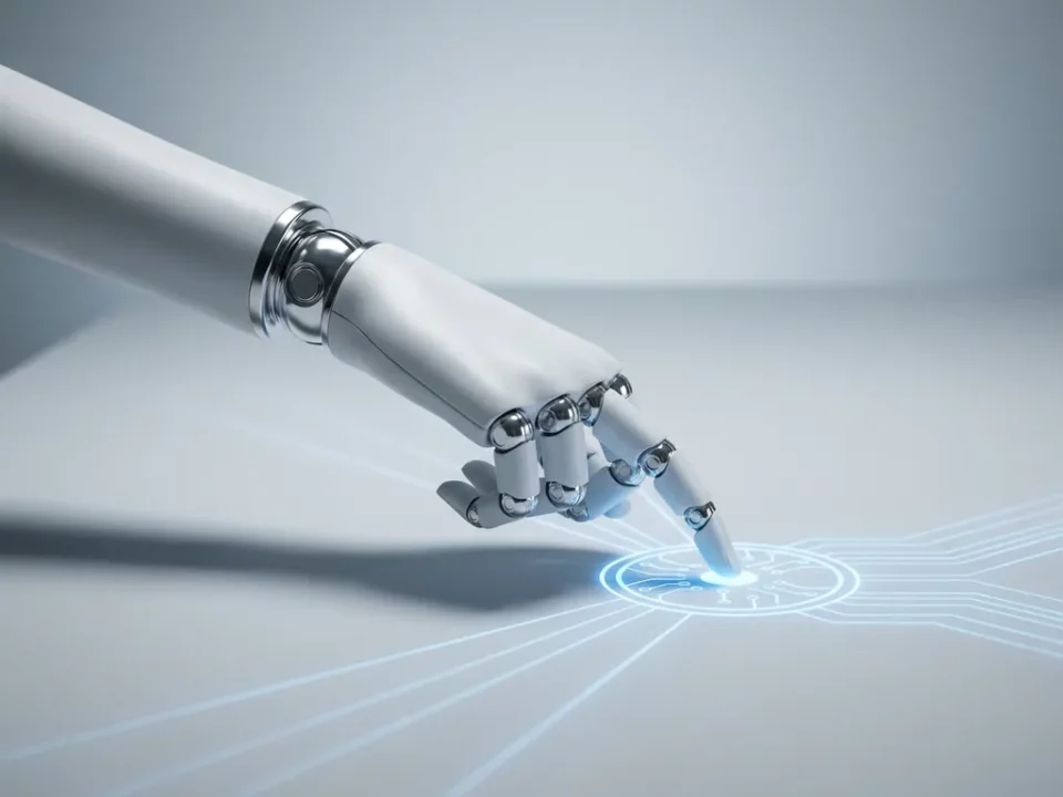 Robotarm met witte gewrichten raakt gloeiend circuit aan op minimalistisch bureau, blauwe lijnen stralen uit het contactpunt.