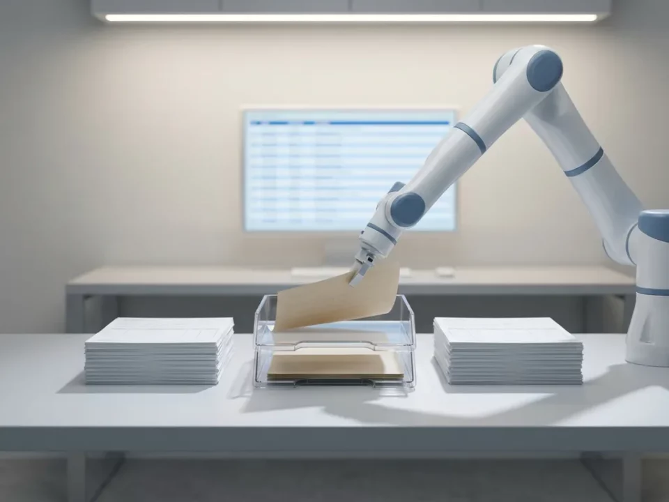Robotarm plaatst document in ordelijk archief op minimalistisch bureau, met monitor op achtergrond en strakke grijsblauwe tinten.