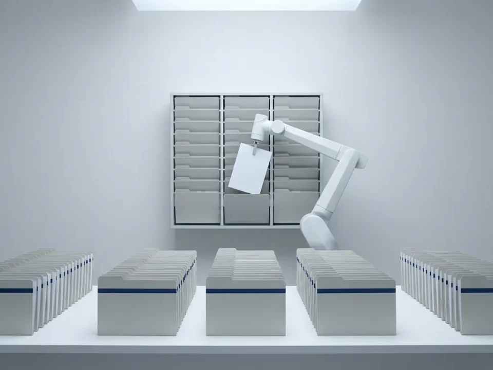 Witte robotarm plaatst document in georganiseerd archiefsysteem op minimalistisch bureau met blauwe accenten.