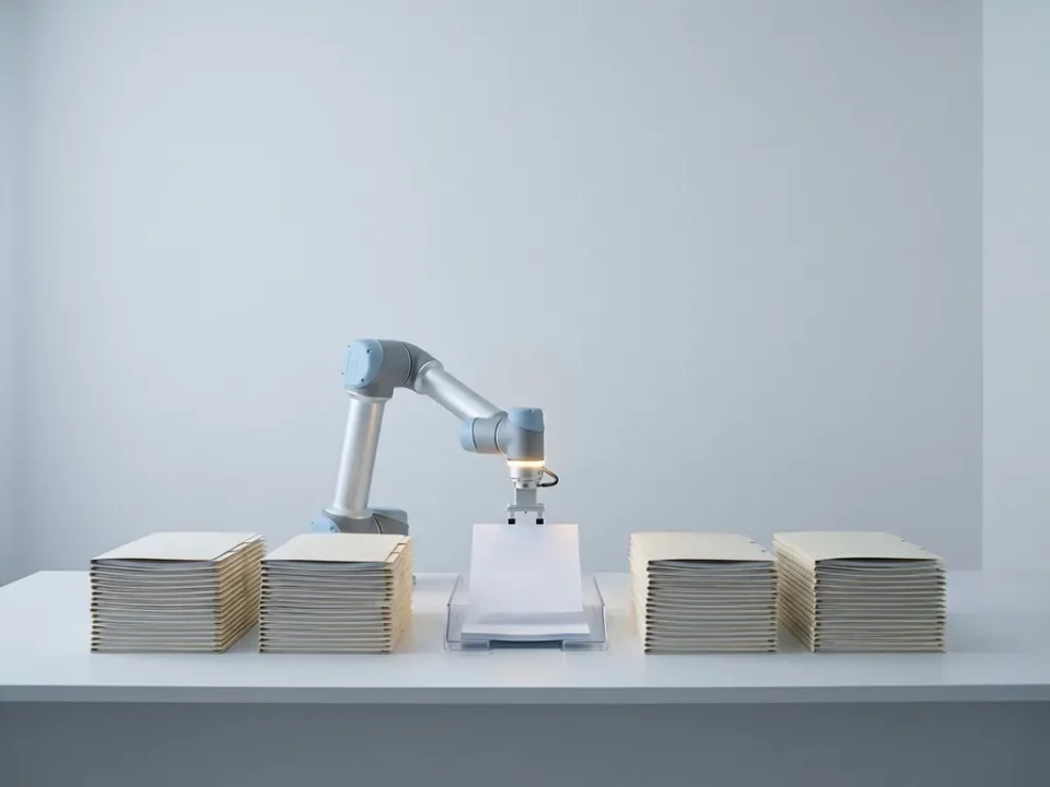 Robotarm plaatst document in georganiseerde archiefladen op wit bureau, minimalistische opstelling met grijze mappen.