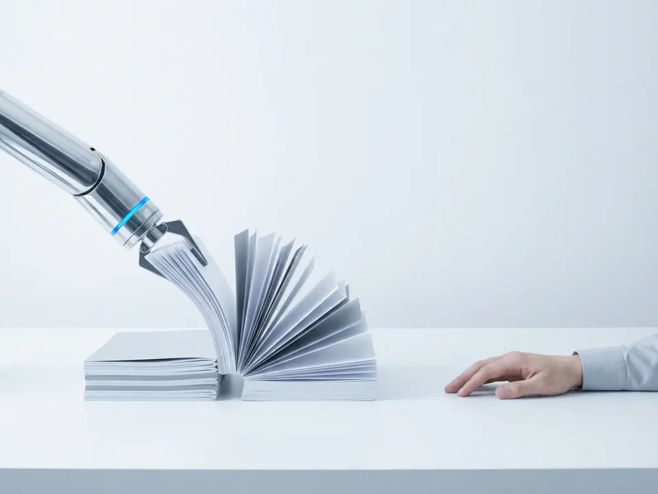 Robotarm met chromen afwerking sorteert documenten op wit bureau, terwijl een menselijke hand passief opzij rust.
