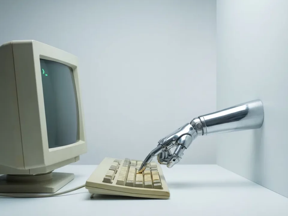 Robotarm die een toets indrukt op een verouderd toetsenbord, verbonden met een retro computermonitor met knipperend cursor.