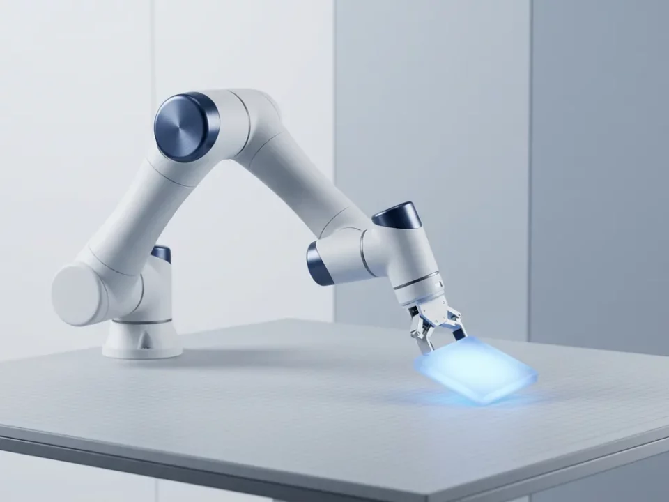 Witte robotarm plaatst nauwkeurig een gloeiende geometrische tegel op een minimalistisch rasterpatroon bureau.
