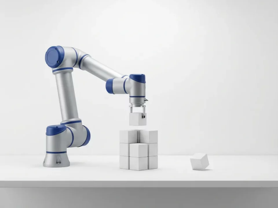 Cobaltblauwe robotarm plaatst nauwkeurig een kubus op een symmetrische stapel, met één gecorrigeerde kubus opzij.