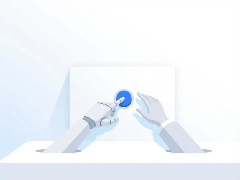 Robotarm drukt op blauwe knop terwijl menselijke hand nadert, minimalistische stijl in wit en grijs.