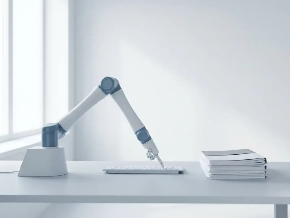 Witte robotarm drukt op toets van minimalistisch toetsenbord, met stapel documenten op licht bureau in koel daglicht.