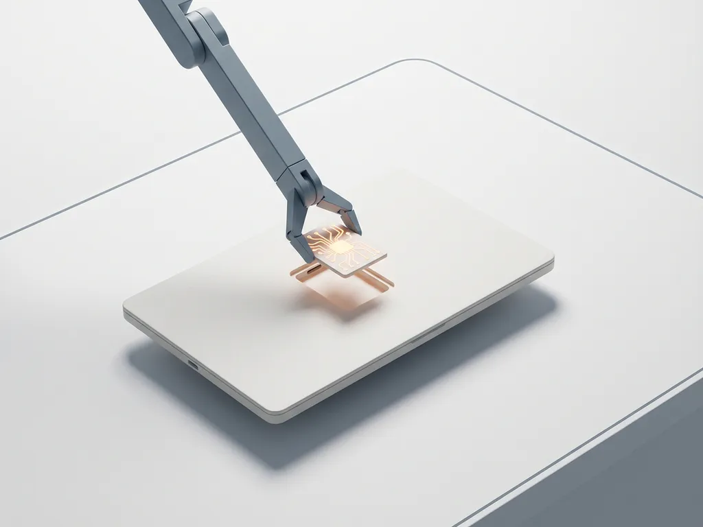 Robotarm plaatst gloeiende neurale netwerkmodule in een minimalistische applicatie-interface op wit oppervlak.