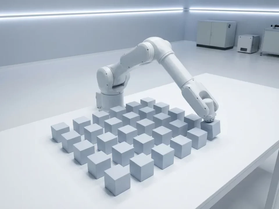 Robotarm plaatst nauwkeurig het laatste blok in een perfect uitgelijnde geometrische rasterstructuur op wit oppervlak.