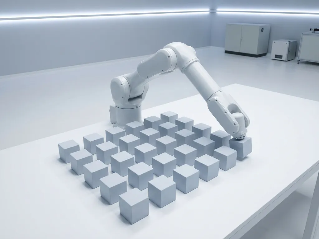 Robotarm plaatst nauwkeurig het laatste blok in een perfect uitgelijnde geometrische rasterstructuur op wit oppervlak.
