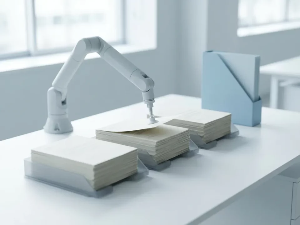 Witte robotarm sorteert documenten in keurige stapels op minimalistisch bureau, zacht blauw-wit licht, strak geometrisch design.