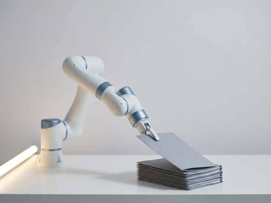 Witte robotarm sorteert ordners op minimalistisch bureau, met stalen blauwe accenten en zachte schaduw op lichtgrijze achtergrond.
