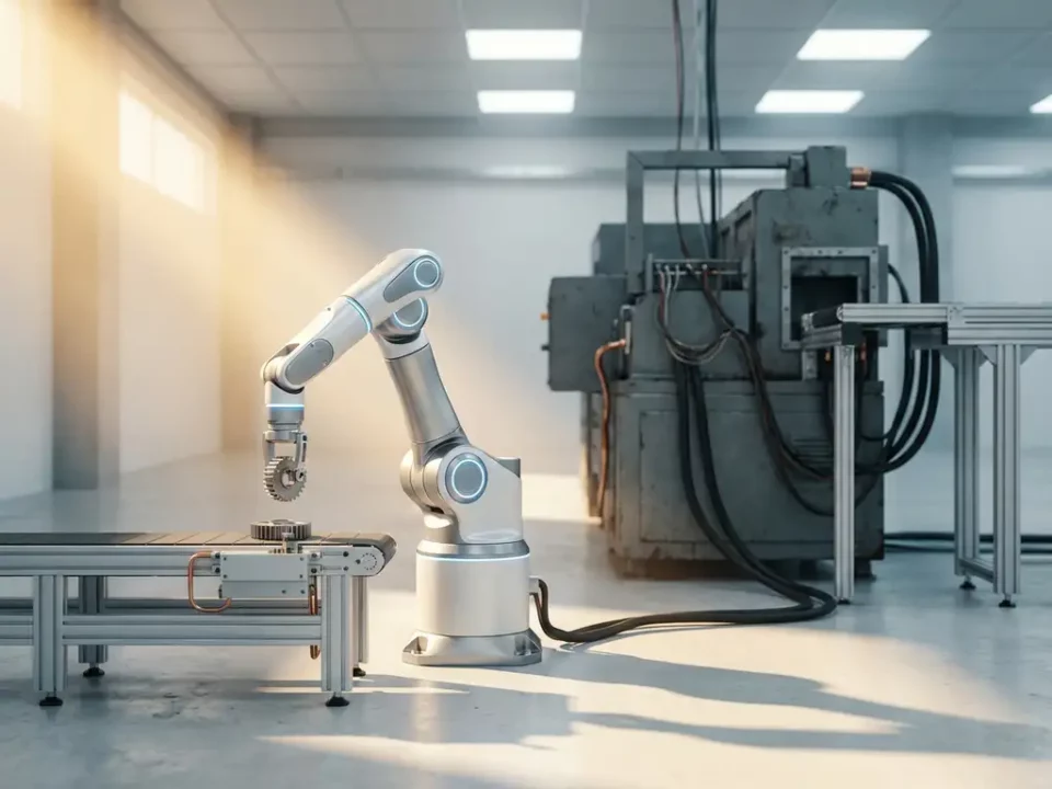 Moderne robotarm plaatst tandwiel op assemblagelijn, met oude industriële machine op de achtergrond in een minimalistische fabriek.