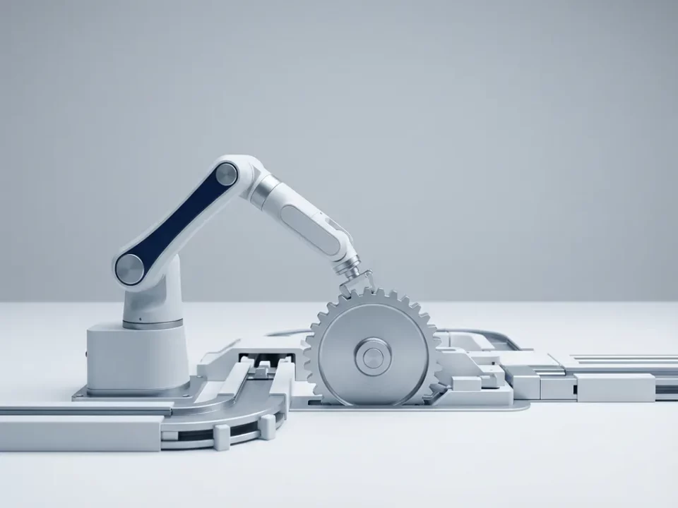 Robotarm en tandwiel in minimalistisch systeem op wit oppervlak, koele studiobelichting, navy accent.