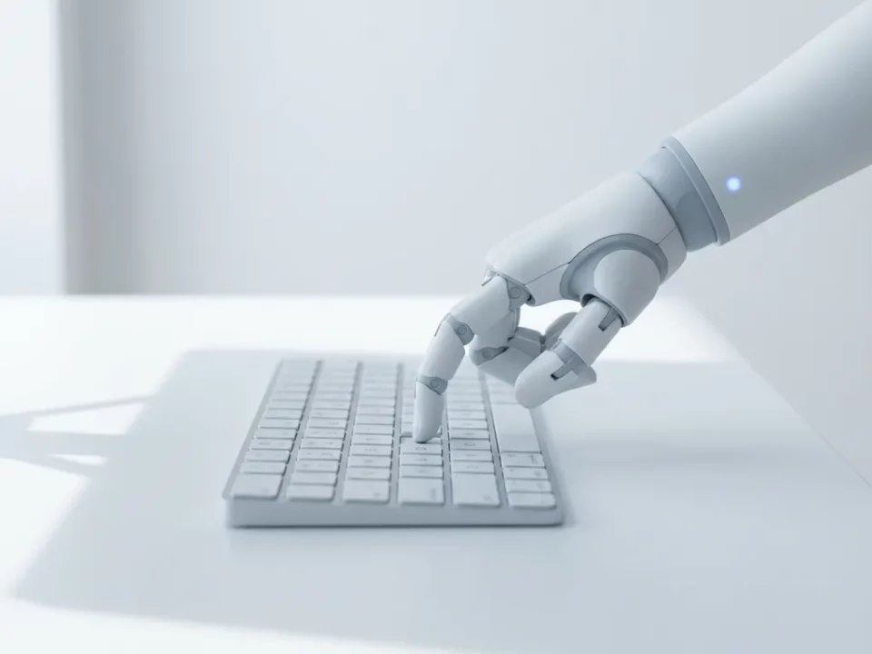 Robotarm drukt precisie op toetsenbord op wit bureau, zachte blauwe accenten, minimalistische automatiseringsscène.