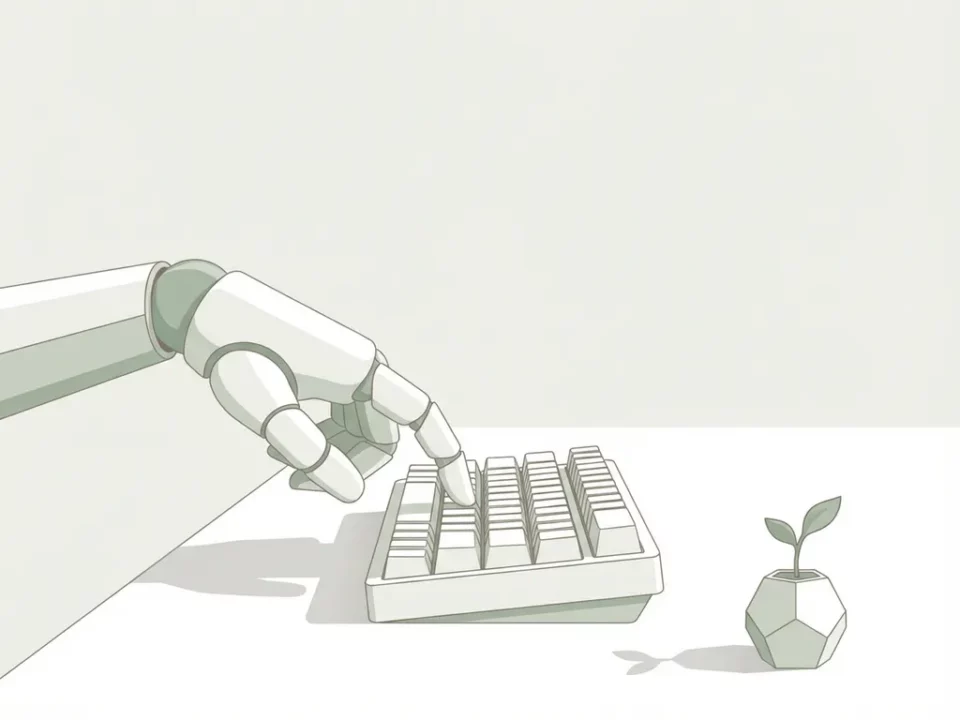 Robotarm drukt op minimalistische mechanische toetsenbord, naast groen plantje als symbool van groei en een eerste stap.