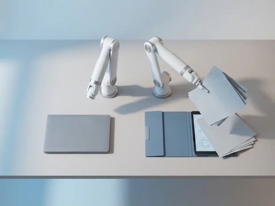 Twee witte robotarmen op een minimalistische werkplek: één inactief naast laptop, één actief boven documenten.