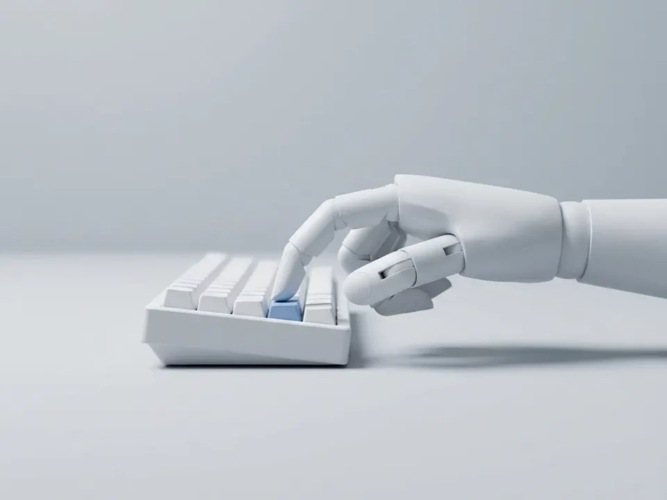 Witte robothand drukt op een toets van een minimalistisch mechanisch toetsenbord tegen een lichtgrijze achtergrond.