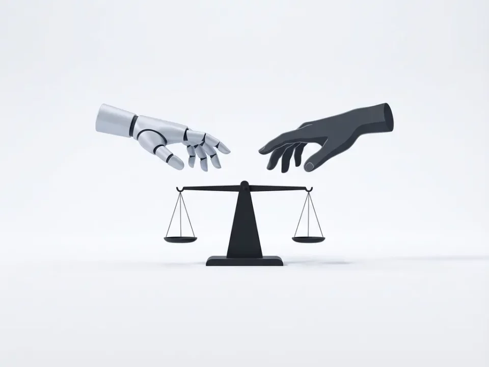 Een robothand en menselijke hand balanceren samen een weegschaal op een wit minimalistische oppervlak.