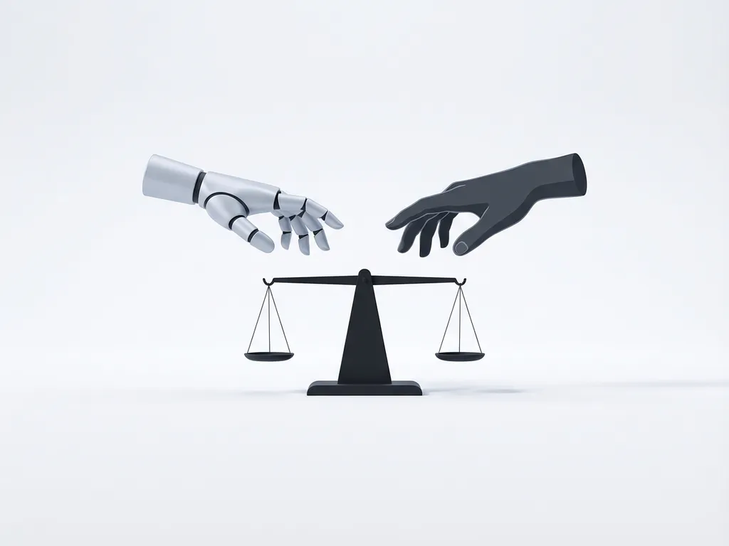 Een robothand en menselijke hand balanceren samen een weegschaal op een wit minimalistische oppervlak.