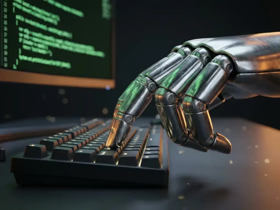 Robothand met metalen vingers typt op mechanisch toetsenbord, groene code weerspiegeld op chromen vingertoppen, donkere achtergrond.