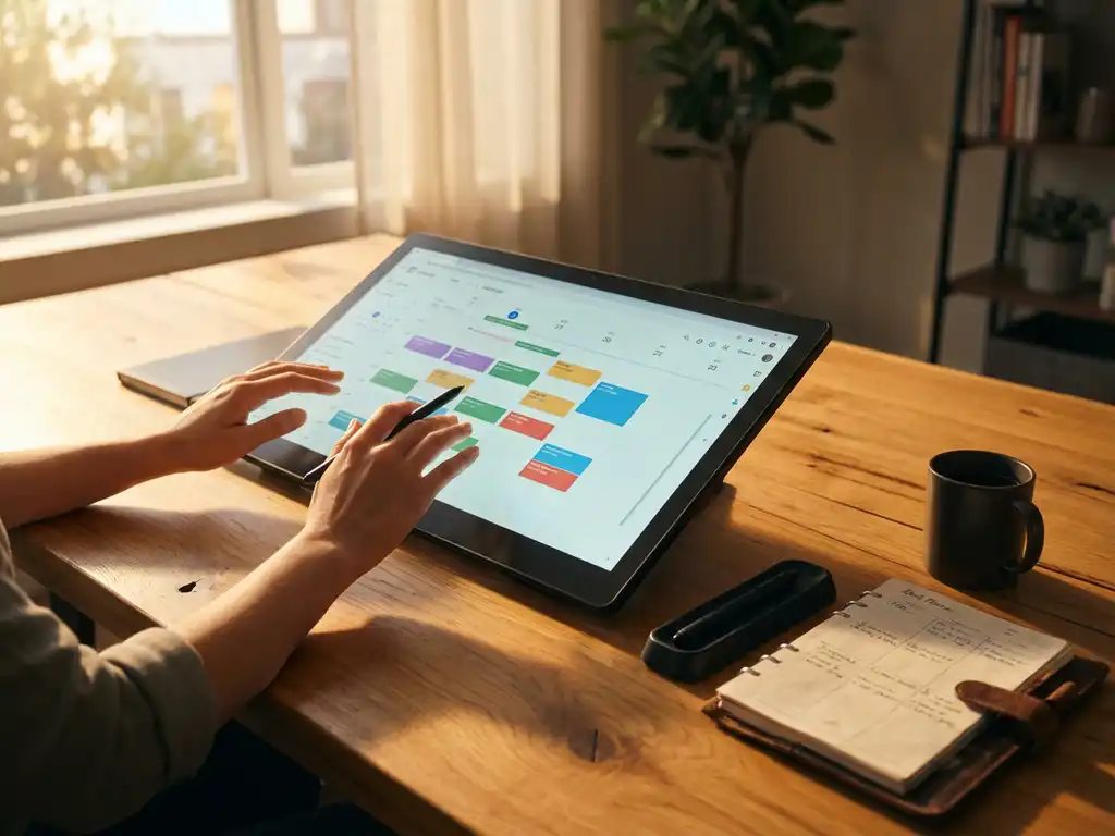 Touchscreen met kleurrijke planningsinterface op modern bureau, handen in interactie, stylus en koffiemok nabij, warm licht