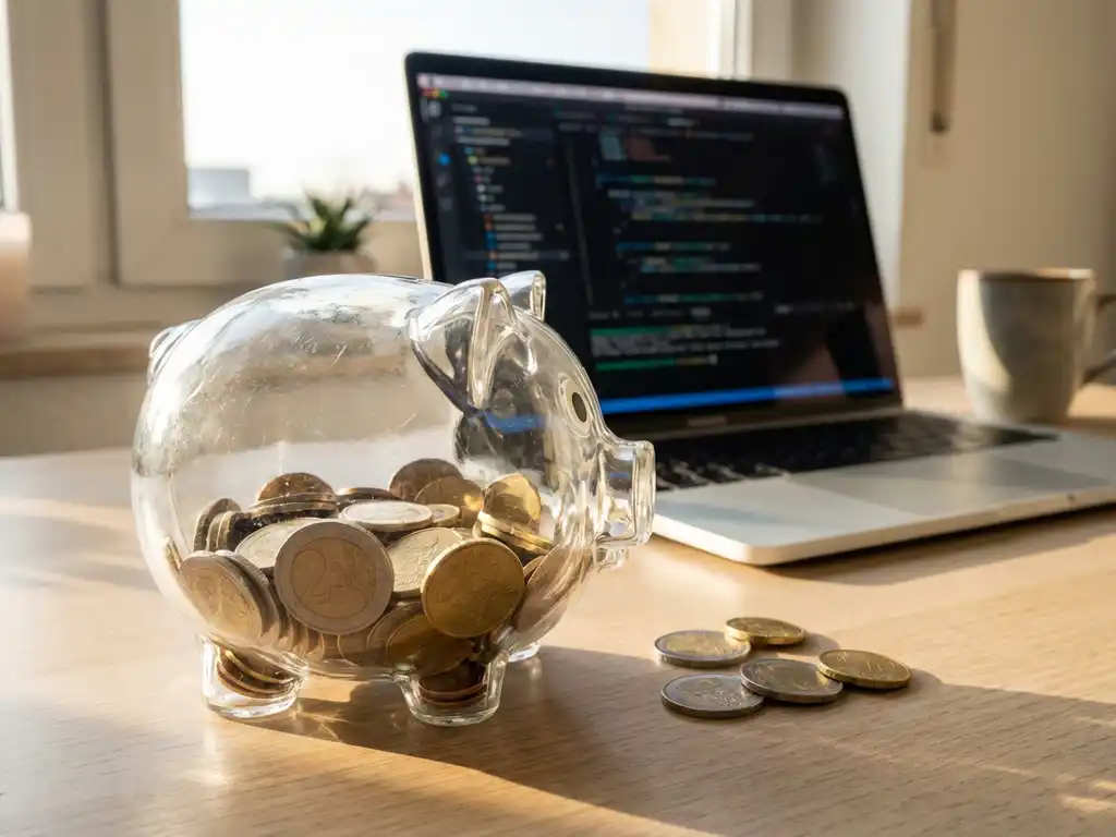 Glazen spaarpot gevuld met munten naast een laptop met software-interface op een modern bureau, met euromunten erbij.
