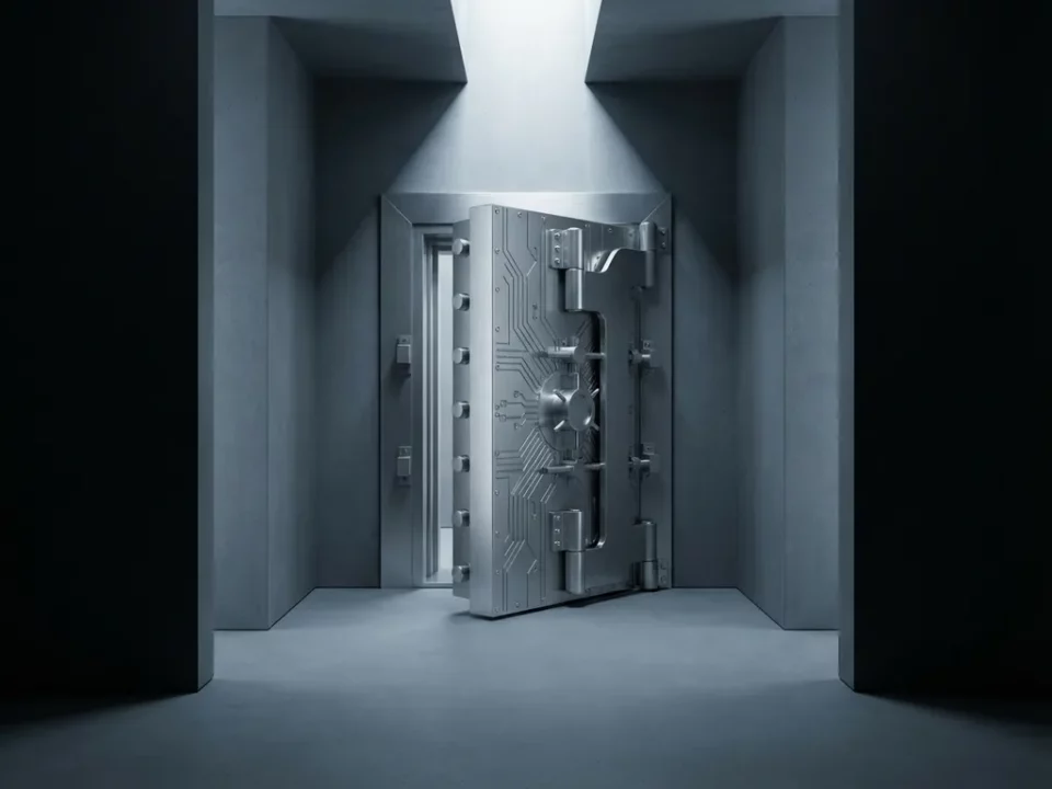 Zware stalen kluisdeur op een kier in minimalistisch betonnen gangpad, verlicht door koel wit licht, met geometrische patronen.