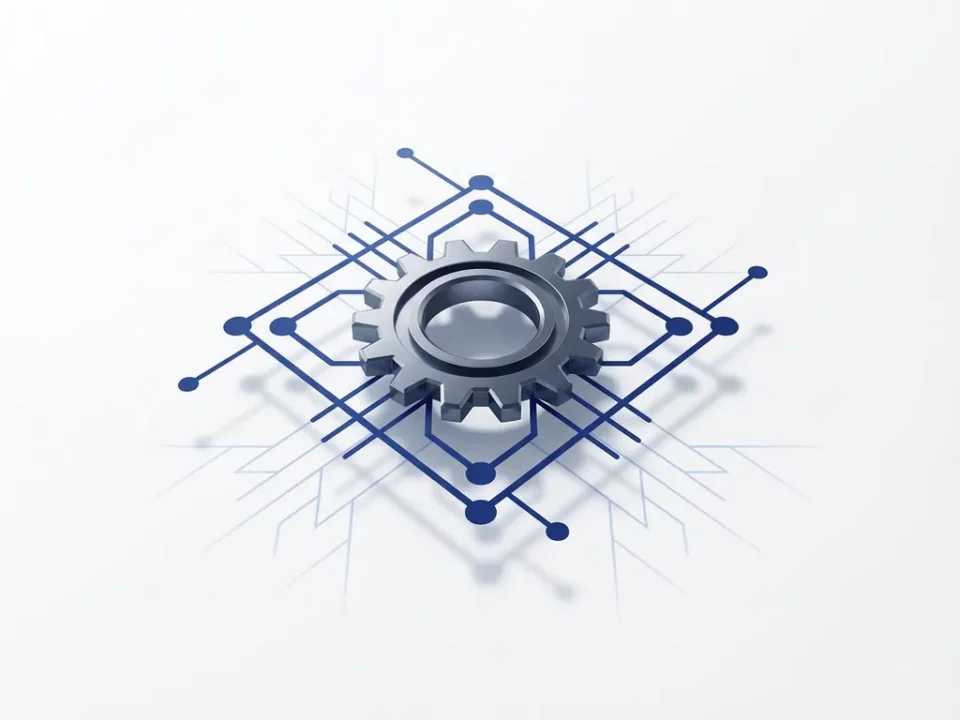 Mechanisch tandwiel verbonden met geometrisch knooppuntennetwerk in kobaltblauw, minimalistisch ontwerp op witte achtergrond.