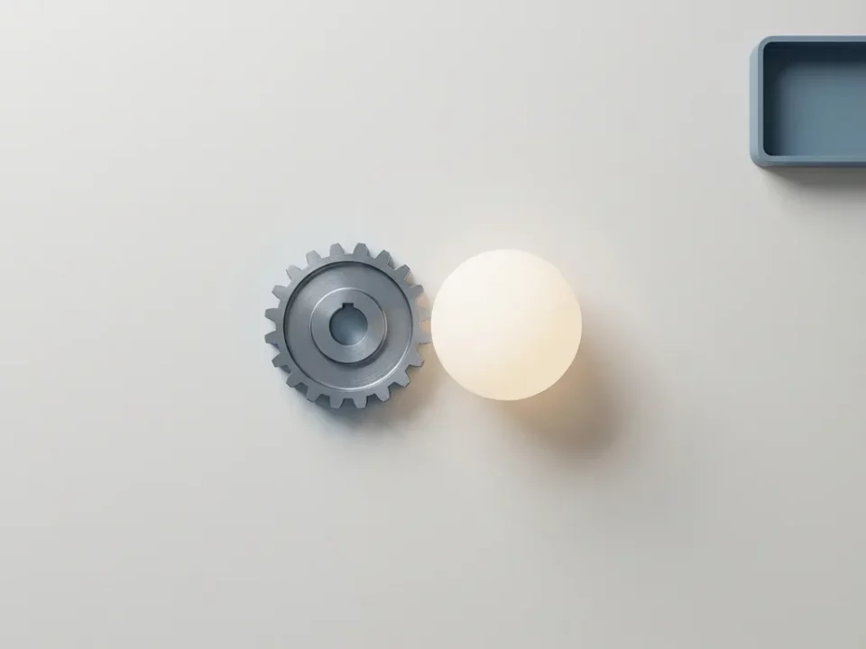 Zilveren tandwiel en gloeiende bol op minimalistisch bureau, symbolen van regelgebaseerde en adaptieve intelligentie.