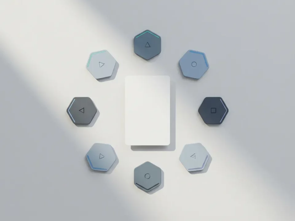 Witte keycard op minimalistische desk, omringd door geometrische tokens in gedempte tinten die toegangsniveaus symboliseren.