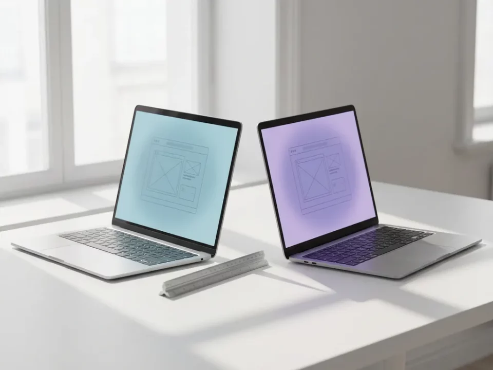 Twee laptops op wit bureau met cyaan en violet schermgloed, gescheiden door een liniaal, in strak minimalistisch ontwerp.