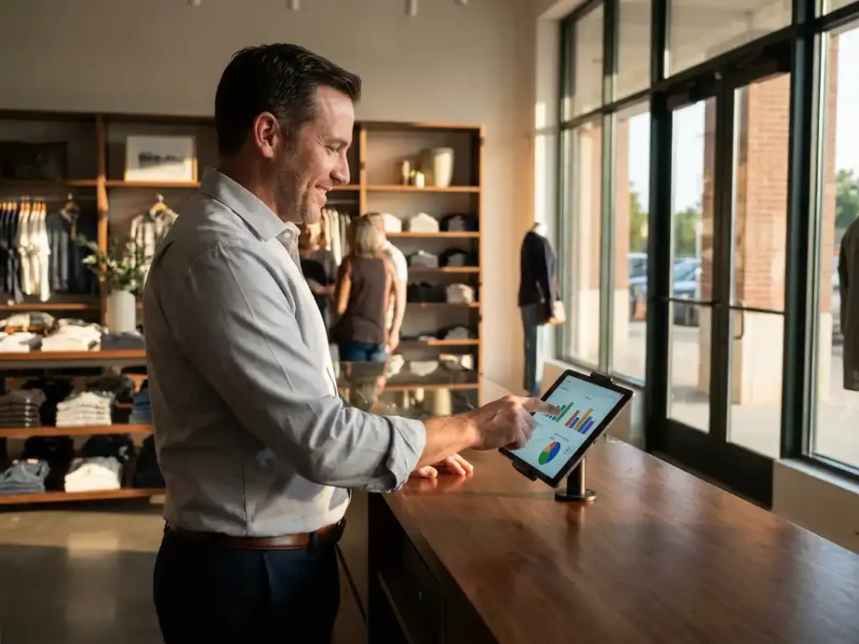 Retailmanager bedient een tablet met dashboard op een moderne kassa, omringd door nette schappen in warm winkelverlichting.
