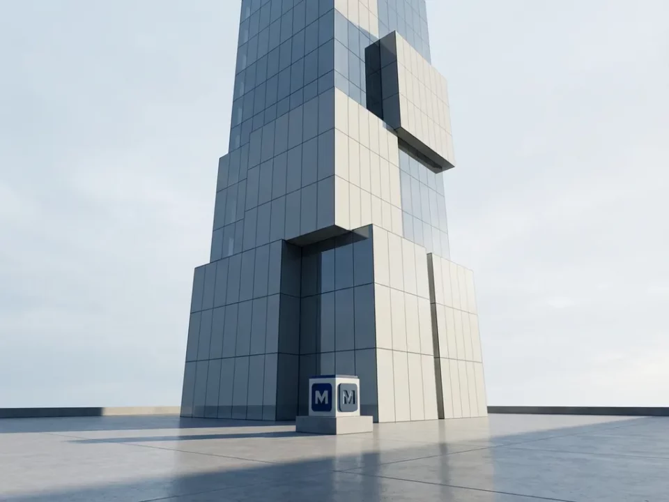 Moderne wolkenkrabber met glazen gevel, gezien van onderaf, met een klein Mendix-bouwblok als hoeksteen aan de basis.