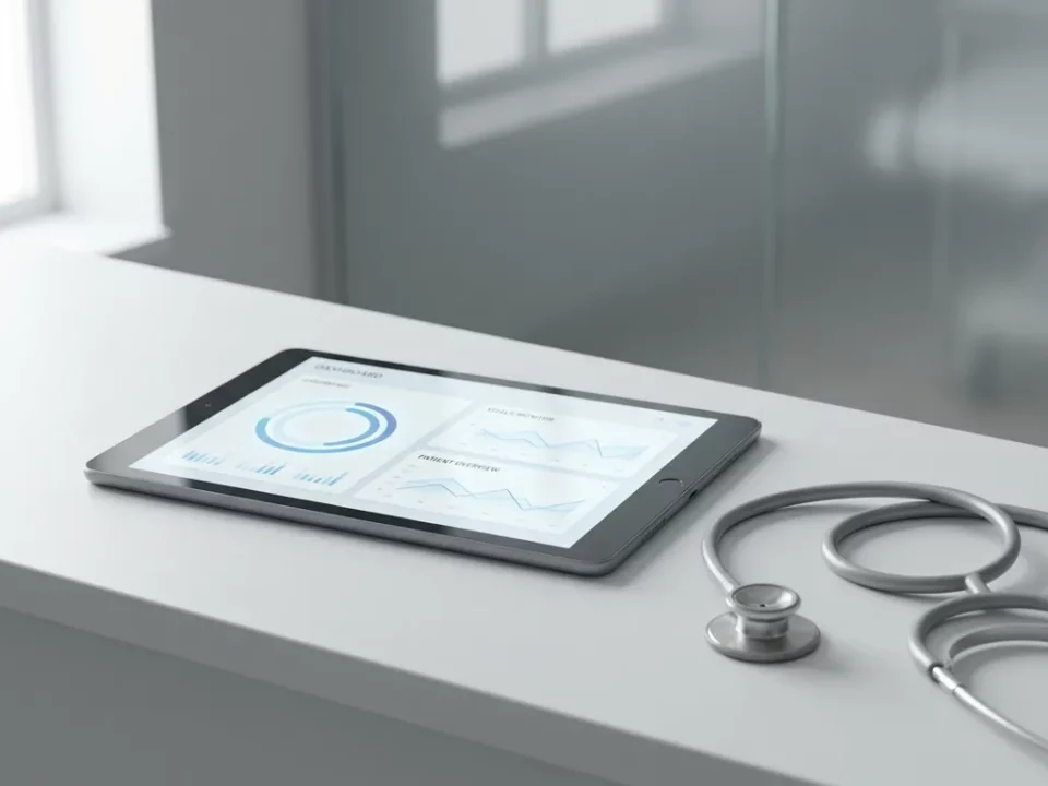 Tablet met minimalistisch zorgdashboard naast stethoscoop op wit oppervlak in moderne medische omgeving.