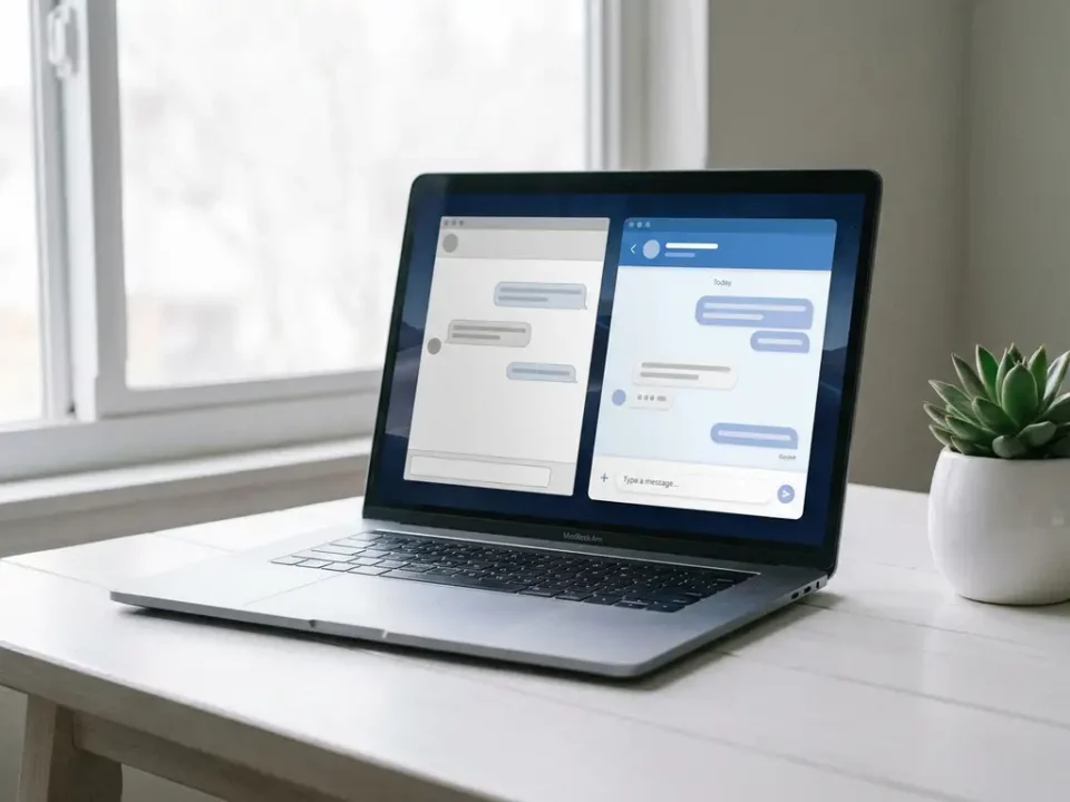 Laptop op wit bureau toont twee chatvensters naast elkaar: één generieke AI-interface en één branded chatbot-omgeving.