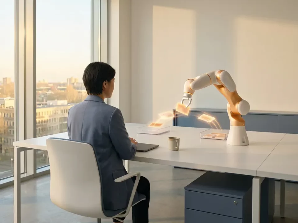 Ondernemer aan minimalistisch bureau terwijl robotarm gloeiende werkkaarten sorteert in modern Nederlands kantoor met ochtendlicht.