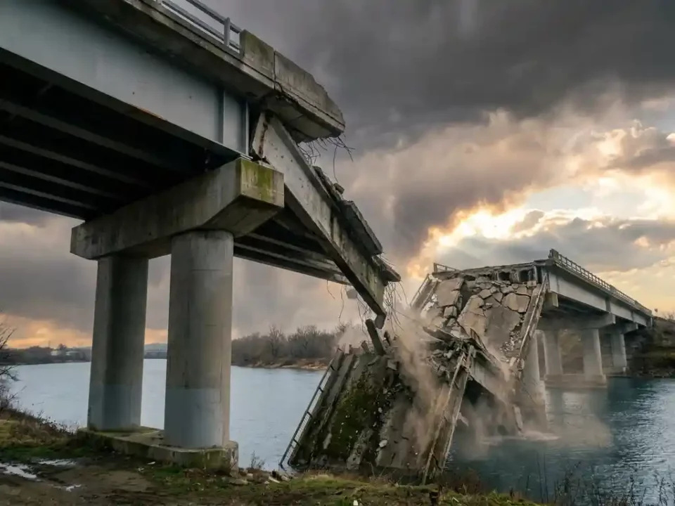 Betonnen brug die half instort boven rustige rivier, gebroken pijlers en zichtbaar wapeningsstaal, dramatische bewolkte lucht met amberkleurig licht.