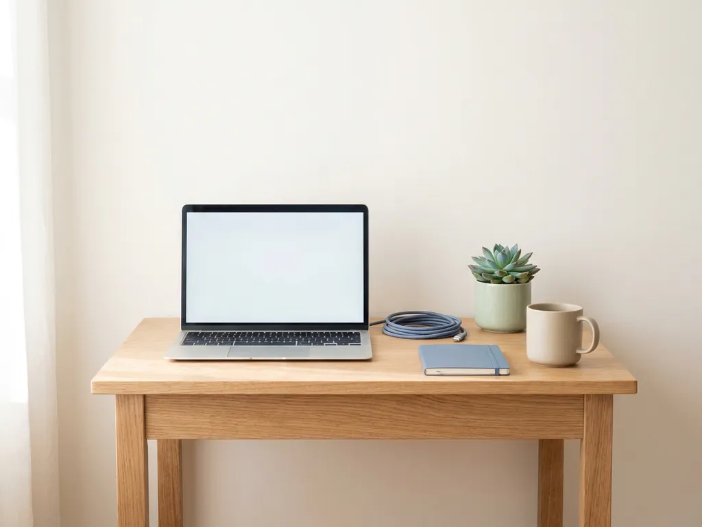Minimalistische houten bureau met laptop, opgerold snoer en kleine vetplant in zacht ochtendlicht.