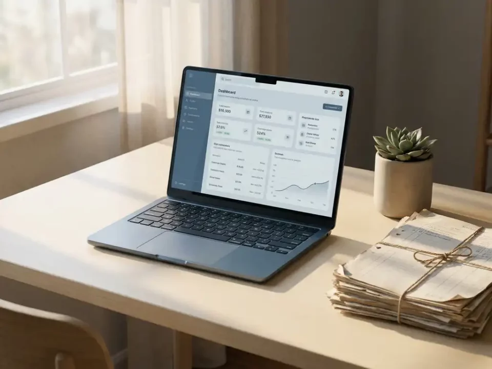 Laptop met digitaal dashboard naast stapel versleten papieren grootboeken op minimalistisch bureau, met vetplant en zacht ochtendlicht.