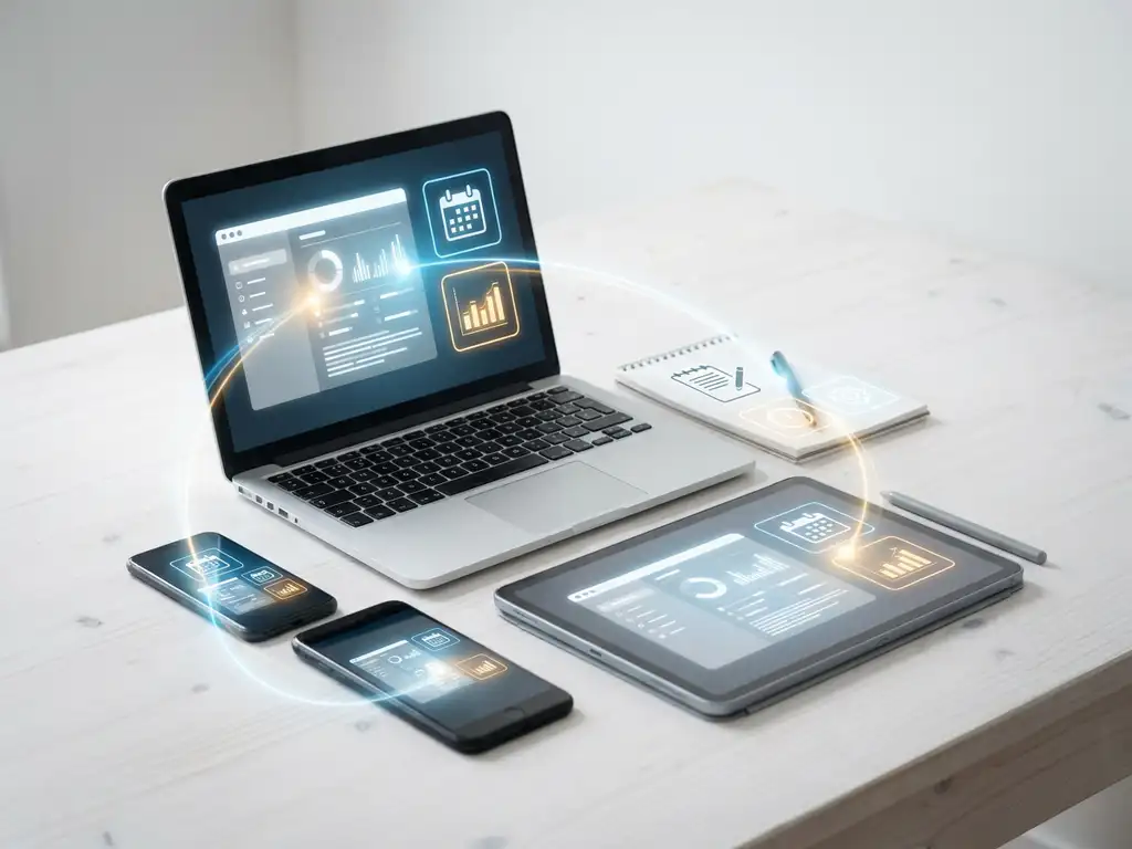 Laptop, smartphone en tablet op wit bureau met gloeiende interfaces, verbonden door lichtspoor in blauw en amber tinten.