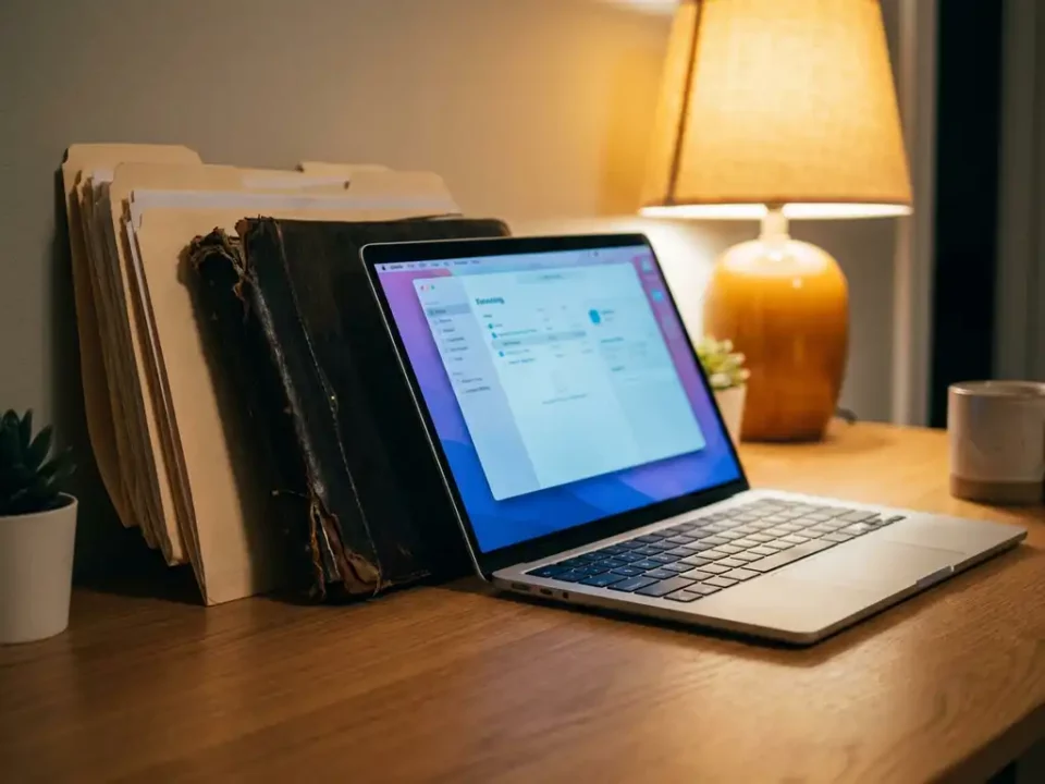 Laptop op een eiken bureau verlicht papieren mappen en een versleten ordner, symbool voor de overgang van papier naar digitaal werken.