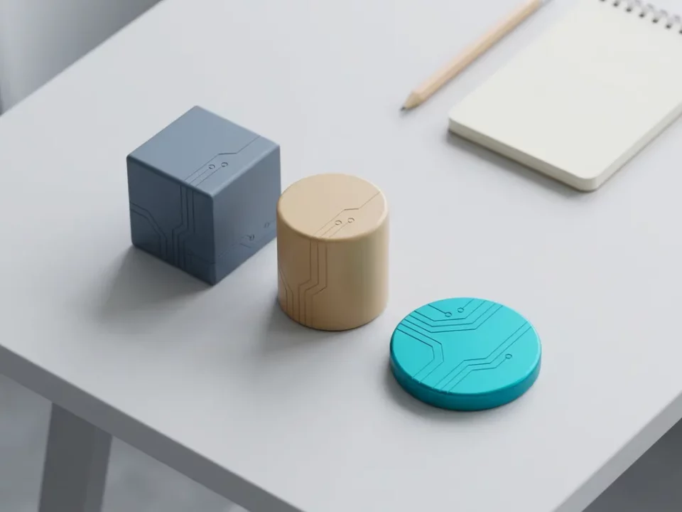 Drie minimalistische geometrische vormen — kubus, cilinder en schijf — met circuitgroeven op leisteen en zandkleurige matte oppervlakken, teal accent.