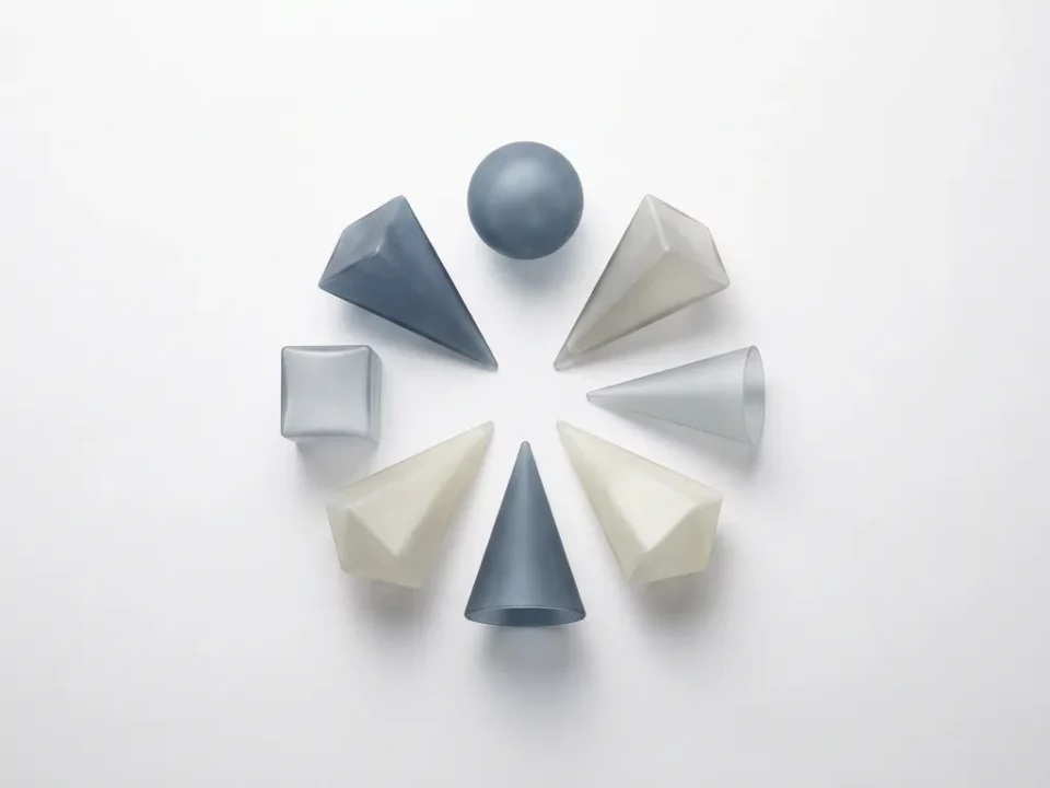 Zeven geometrische vormen van mat bevroren glas in koel blauw en zilver, radiaal gerangschikt op witte ondergrond, bovenaanzicht.