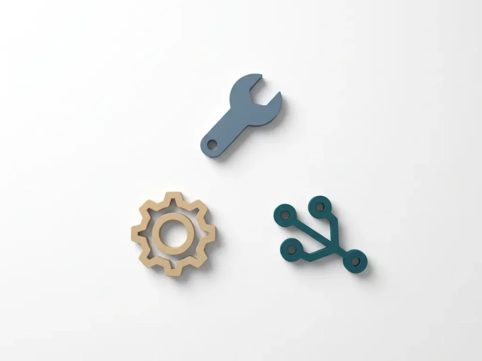 Drie minimalistische iconen — een moersleutel, tandwiel en circuitknoop — in driehoeksformatie op wit oppervlak met leisteenblauw en zandtinten.