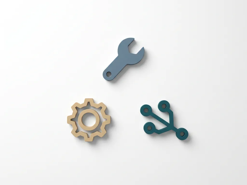 Drie minimalistische iconen — een moersleutel, tandwiel en circuitknoop — in driehoeksformatie op wit oppervlak met leisteenblauw en zandtinten.