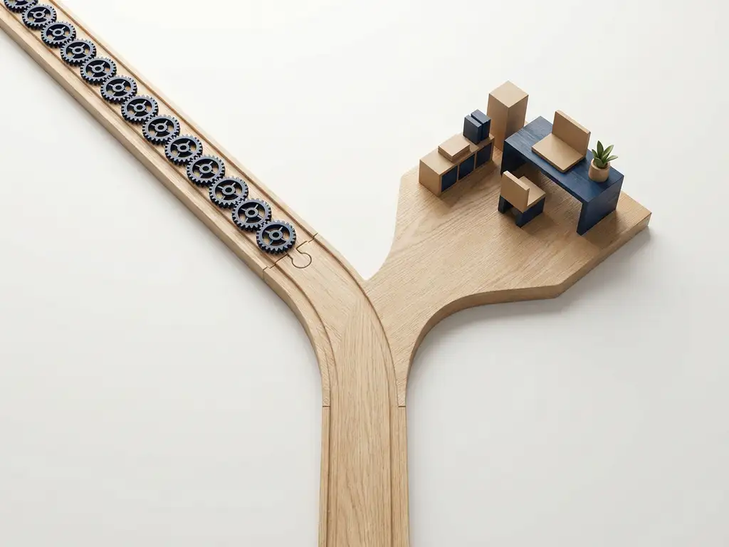 Houten spoorweg die zich splitst in twee paden: één met tandwielen voor automatisering, één uitlopend naar een moderne werkruimte.