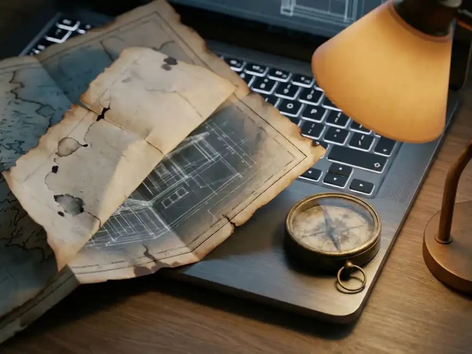Verouderde papieren kaart en kompas op een laptoptoetsenbord met digitale wireframe-schetsen, verlicht door een amberkleurige bureaulamp.
